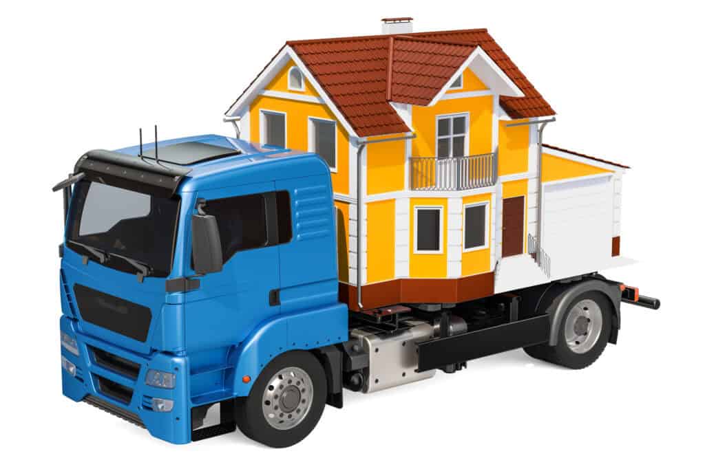 A 3D model of a truck transporting a house