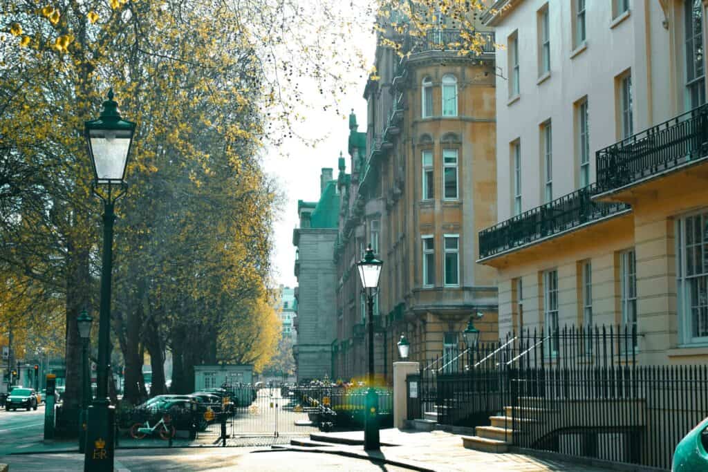 Huge apartment buildings in a tree-lined street