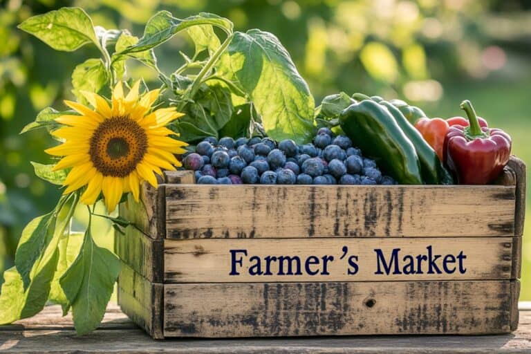 Wooden crate with fresh produce with the text, 'Farmer's Market', in the concept of 'best local shops and markets in Enfield'.